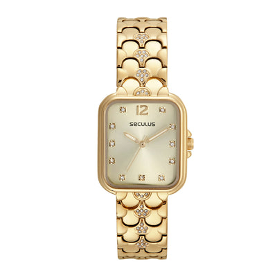 Relógio Seculus Feminino Quadrado Dourado Cravejado Aço