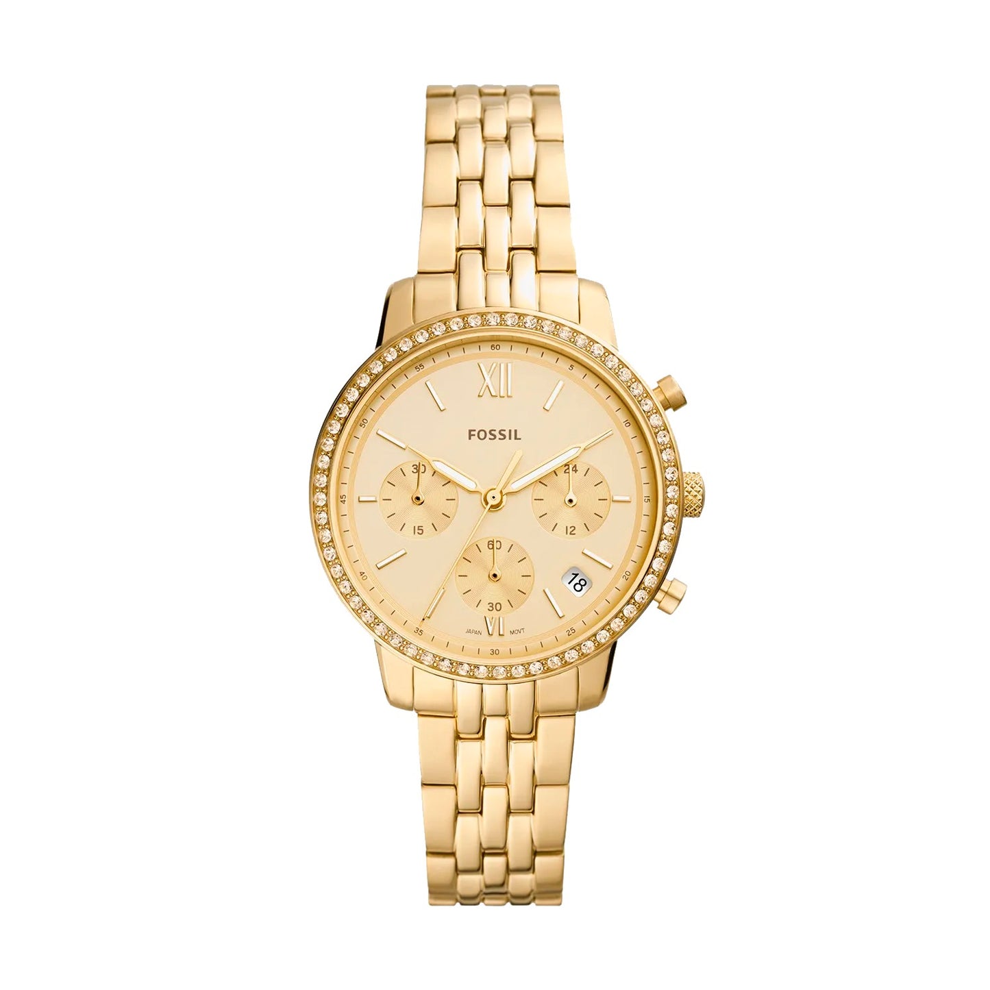 Relógio Fossil Feminino Cronógrafo Dourado Cravejado Aço