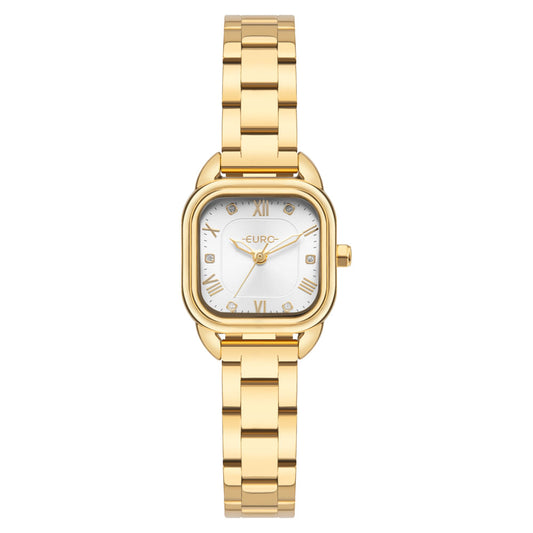 Relógio Euro Feminino Mini Quadrado Dourado Aço