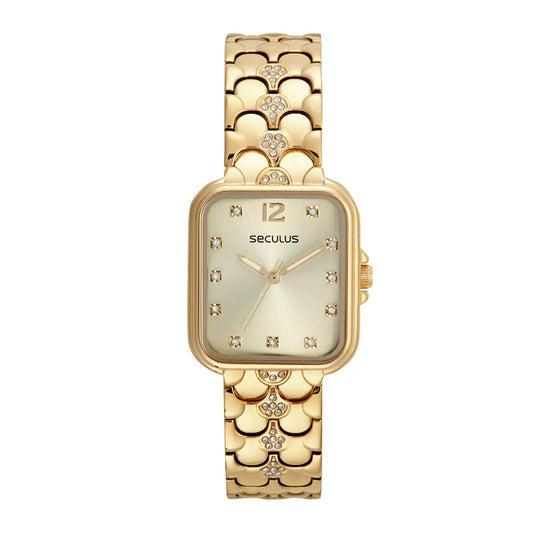 Relógio Seculus Feminino Quadrado Dourado Cravejado Aço