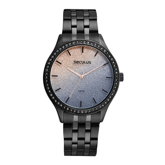 Relógio Seculus Feminino Preto Glitter Cravejado Aço